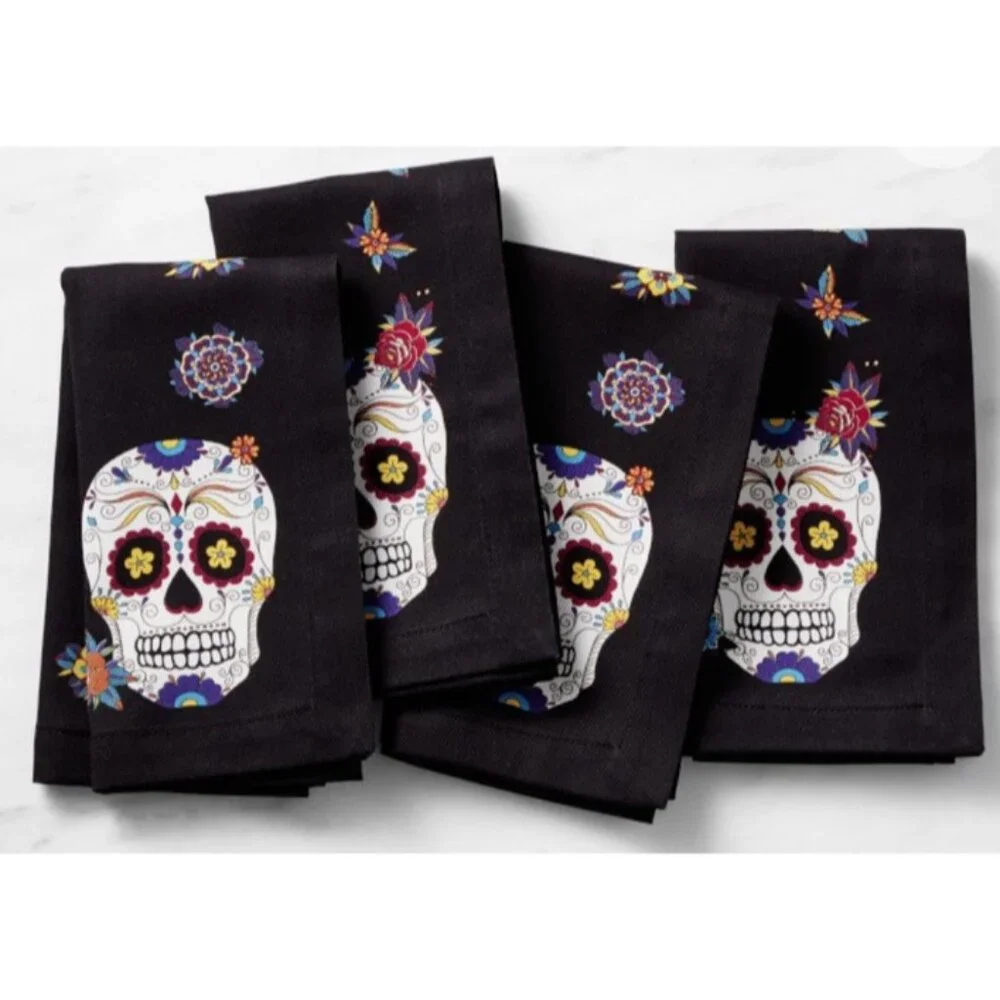 NWT 4 Williams Sonoma Black Dinner Napkins Day of the Dead Skull Cinco De Mayo